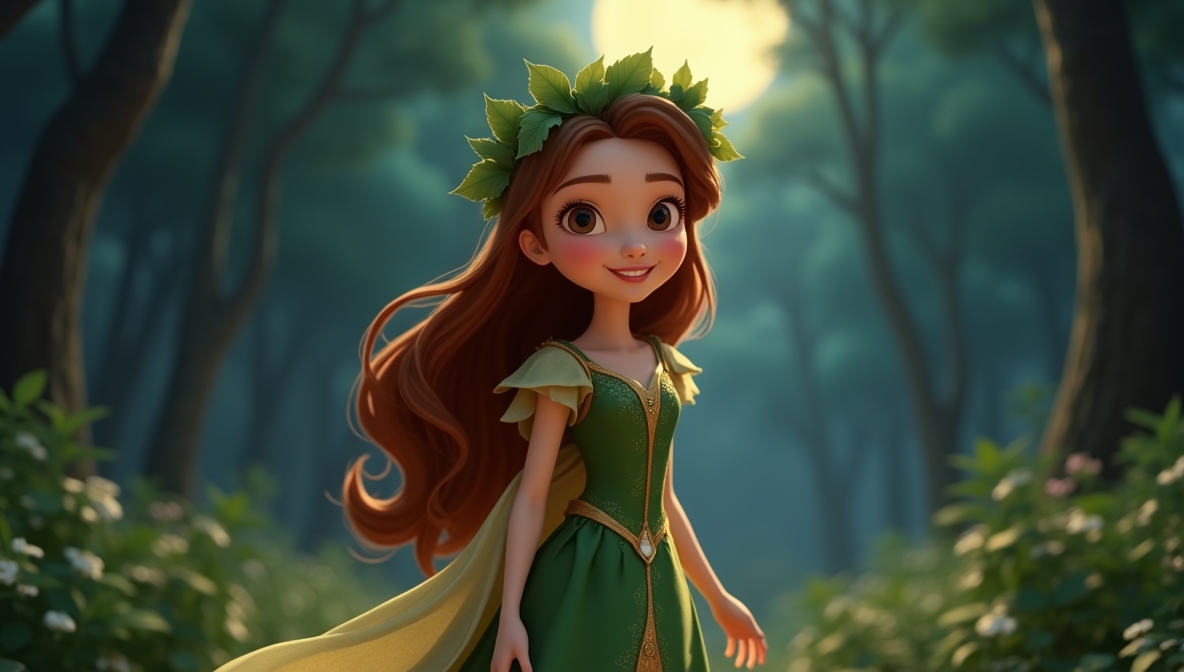 Princess Willow in the Gigglewoods forest with leafy crown and green dress
