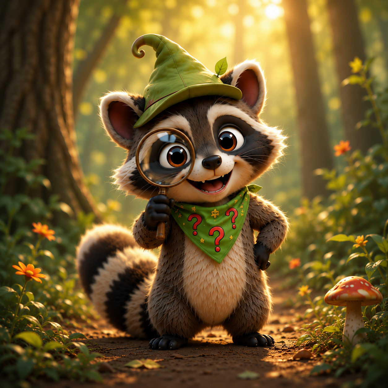Rallo wearing a curled green leaf hat, a question-mark scarf, and holding a magnifying glass