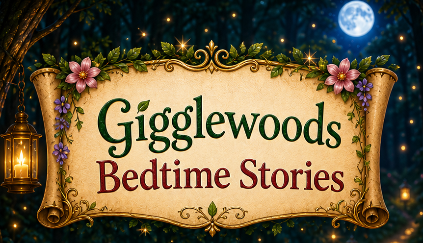 Gigglewoods Bedtime Stories illustrated forest banner with lanterns, flowers, scrollwork, and moonlight