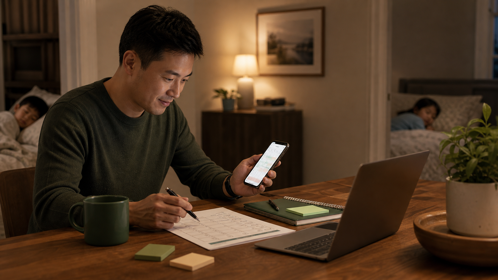 Dad quietly planning the visit while his kids sleep nearby