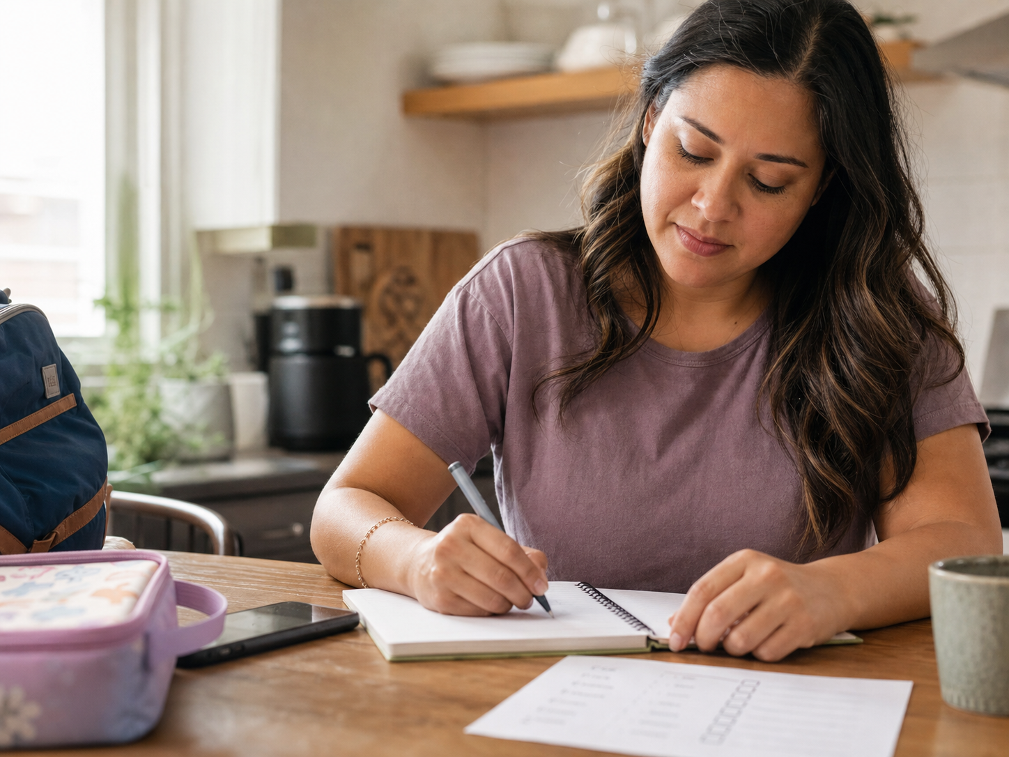 Parent writing a practical checklist beside a packed lunchbox and bag before kid time