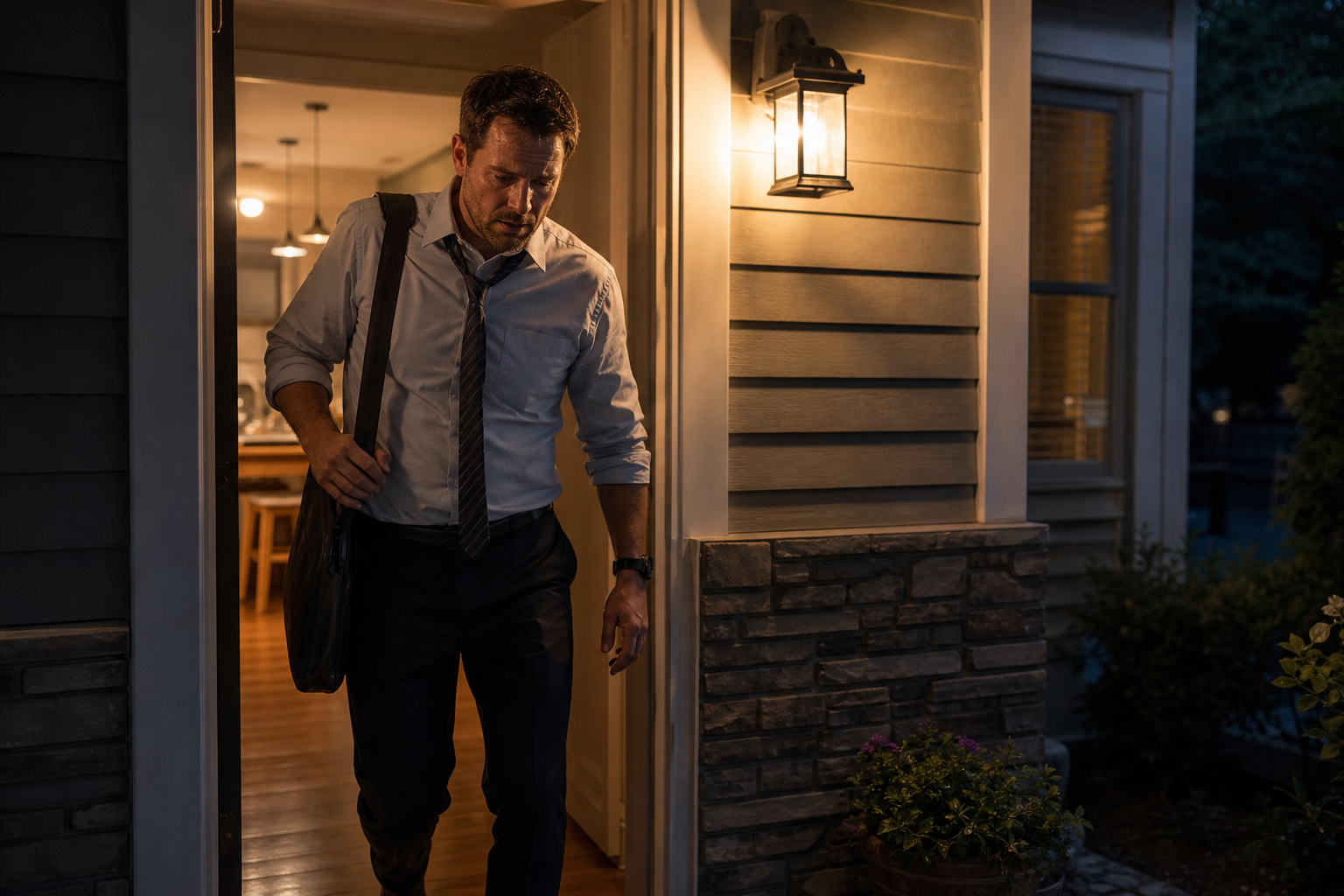 White dad coming home after dark and walking tiredly into his house