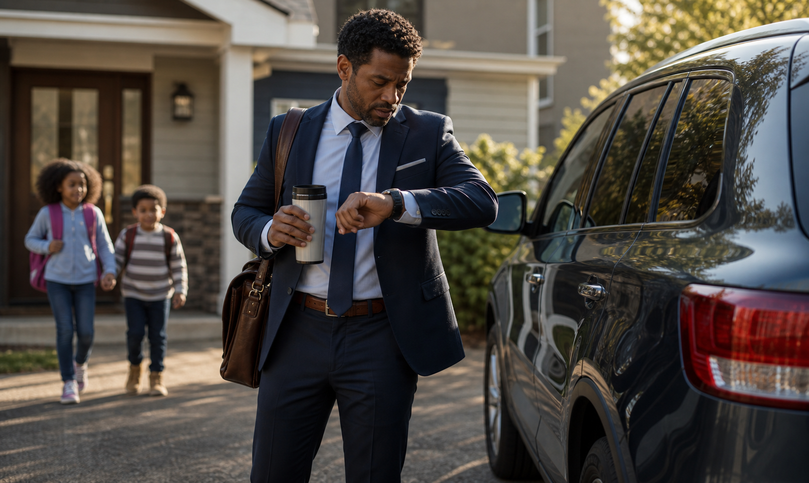 Black dad moving through the morning routine before work and school pickup