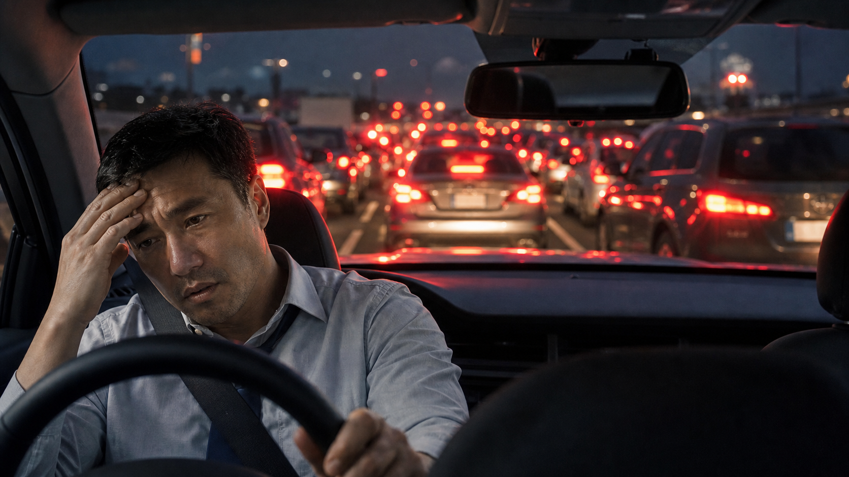 Asian dad stuck in a heavy traffic jam after work and looking stressed