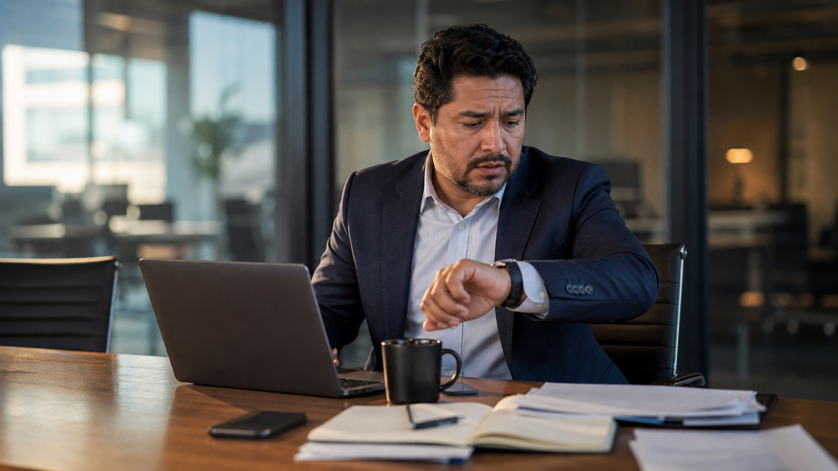 Latino dad under pressure at work and checking the time