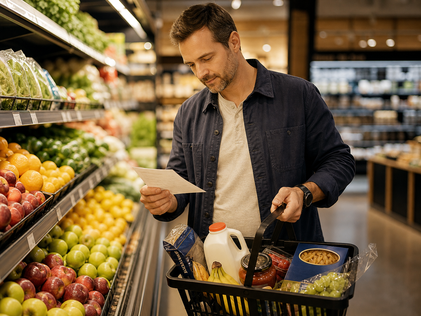 Dad shopping with a practical grocery list for upcoming parenting time meals and snacks