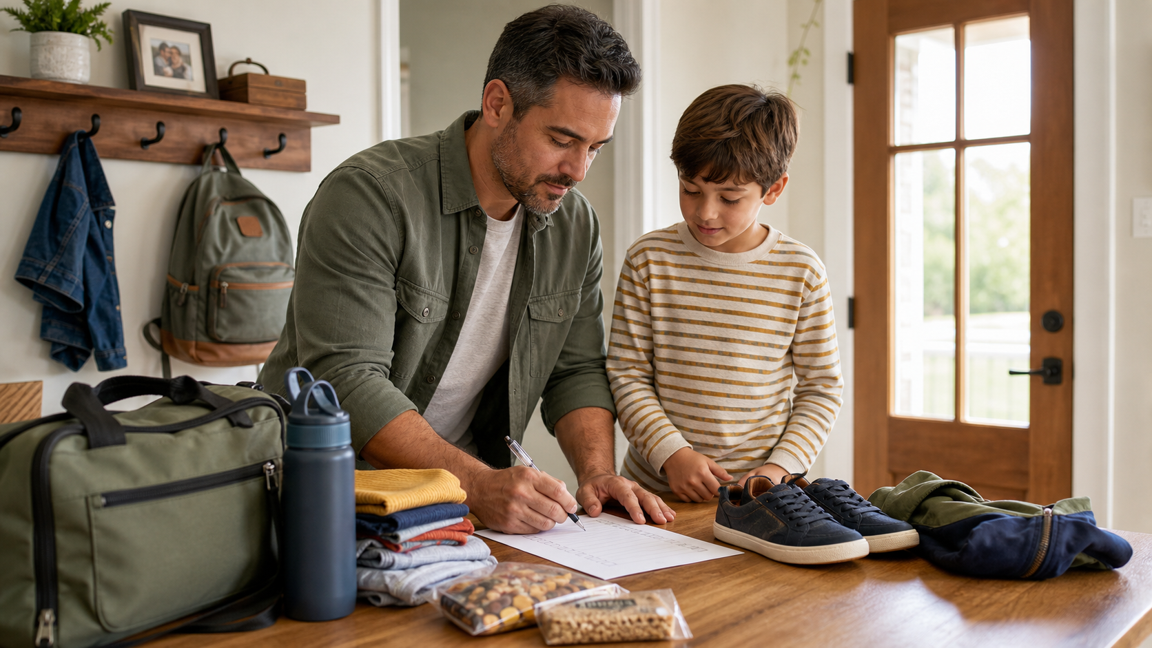 Dad and child using a checklist while packing clothes, snacks, shoes, and a bag before parenting time starts