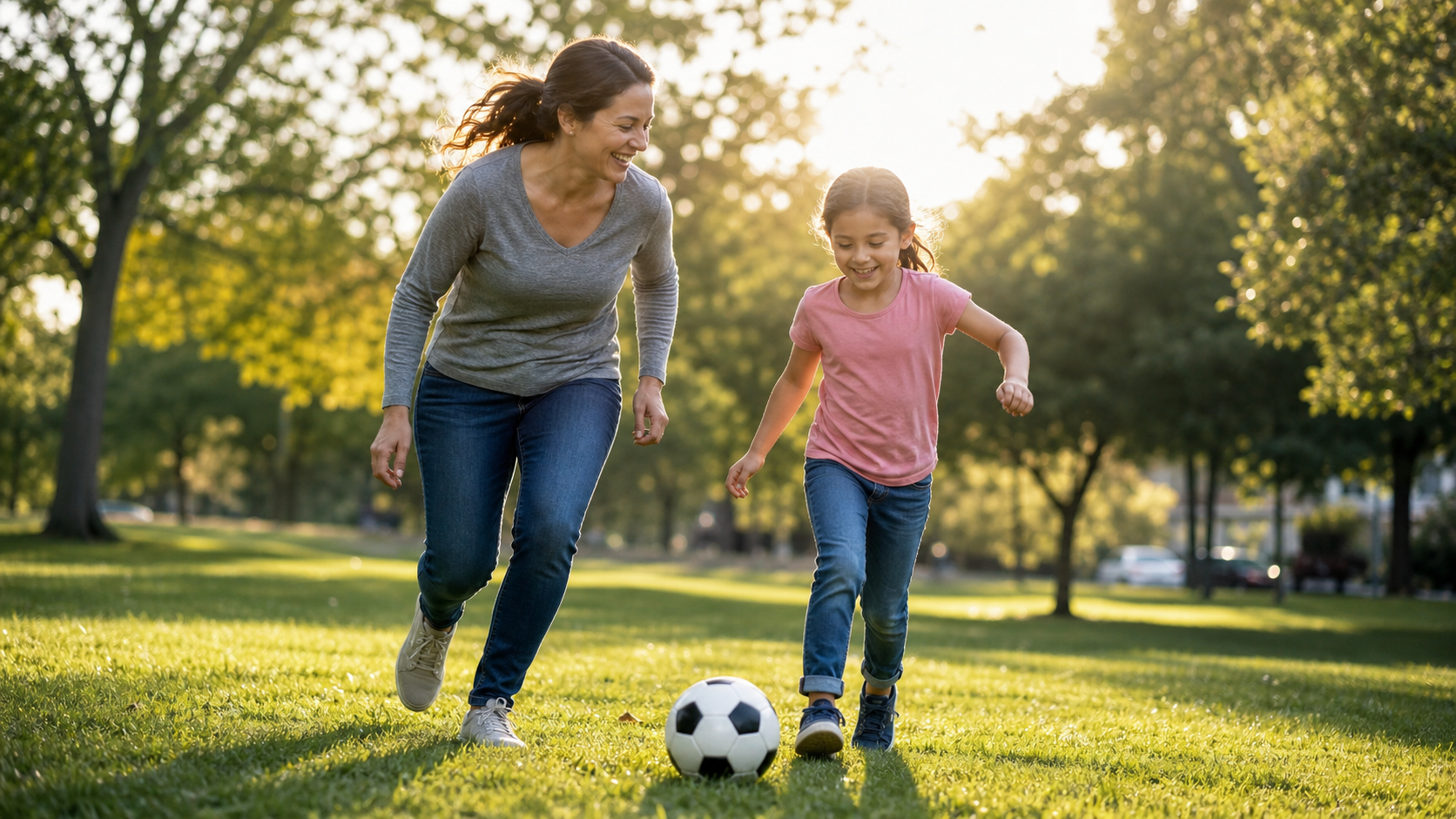 Parent and child playing soccer together outside