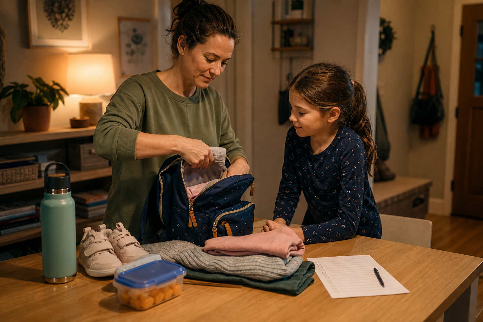 Parent and child preparing clothes, snacks, shoes, and a checklist before parenting time