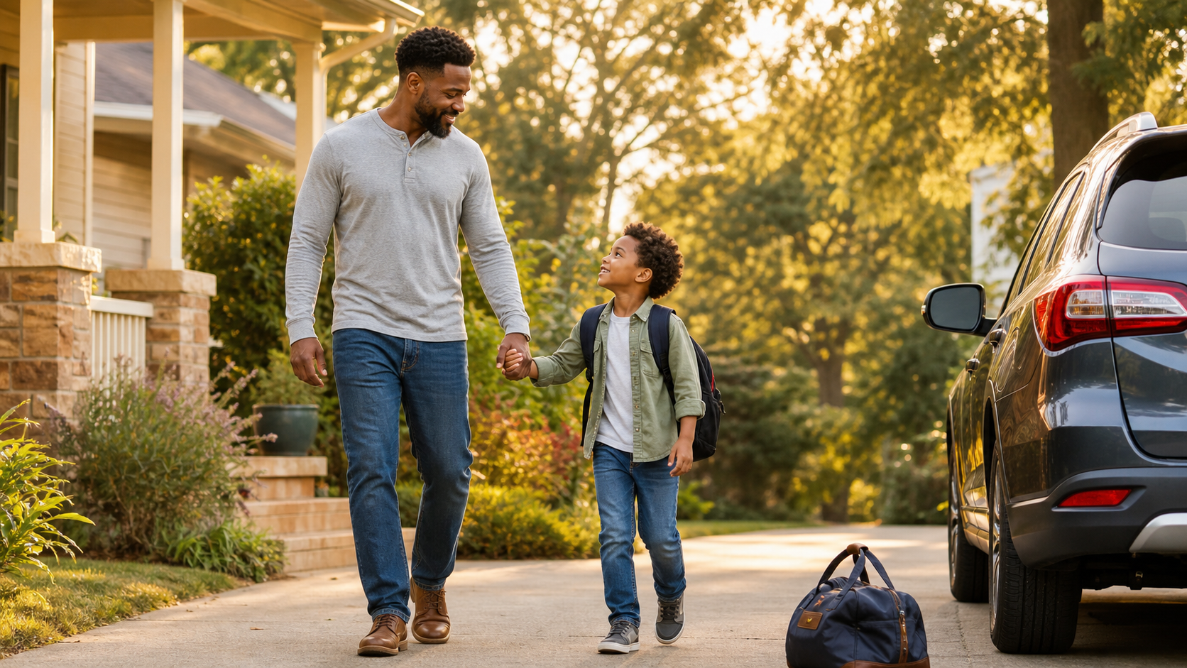 Dad holding his child's hand while walking toward the car with a prepared bag before pickup