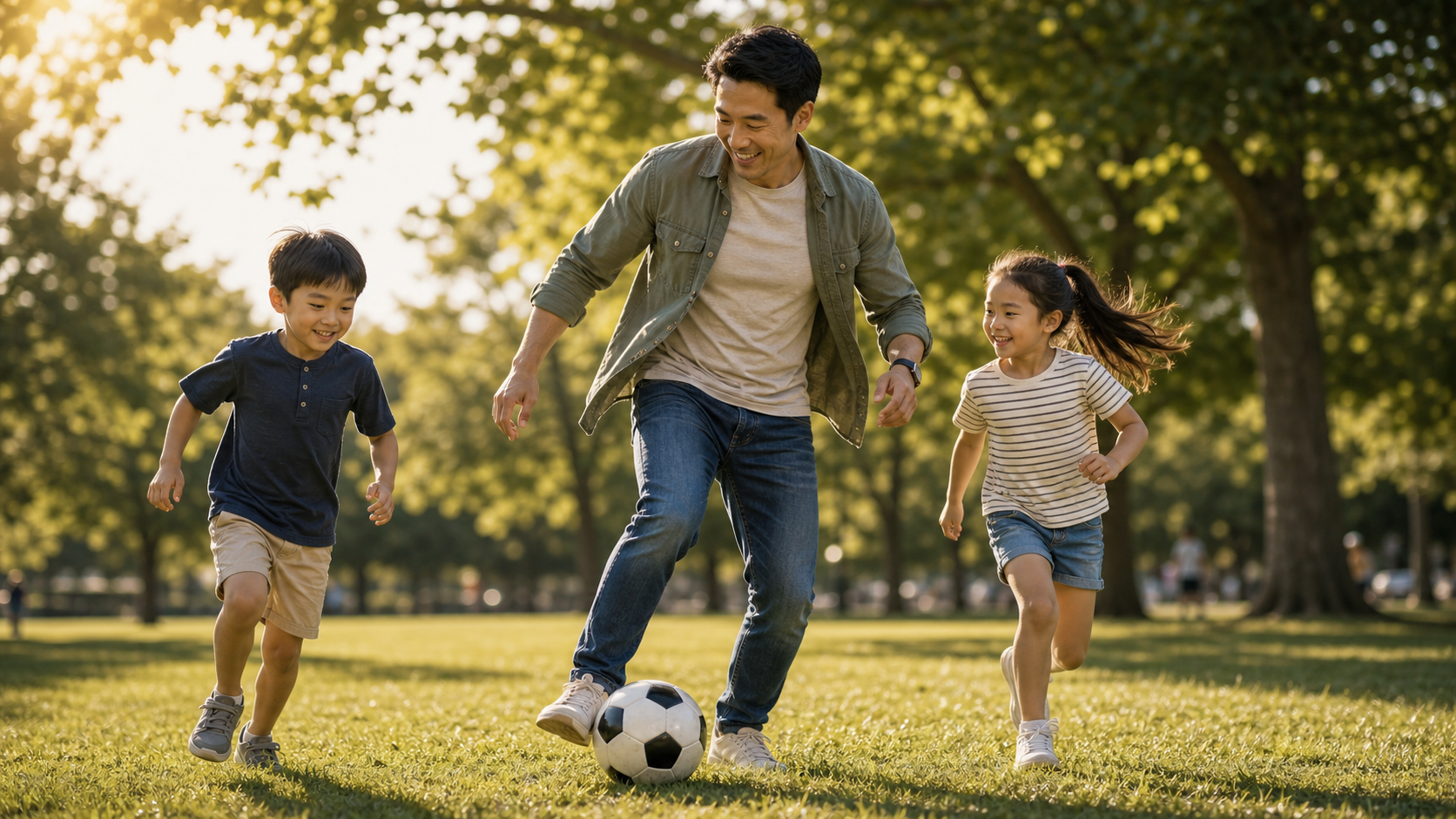 Dad playing soccer outside with his kids