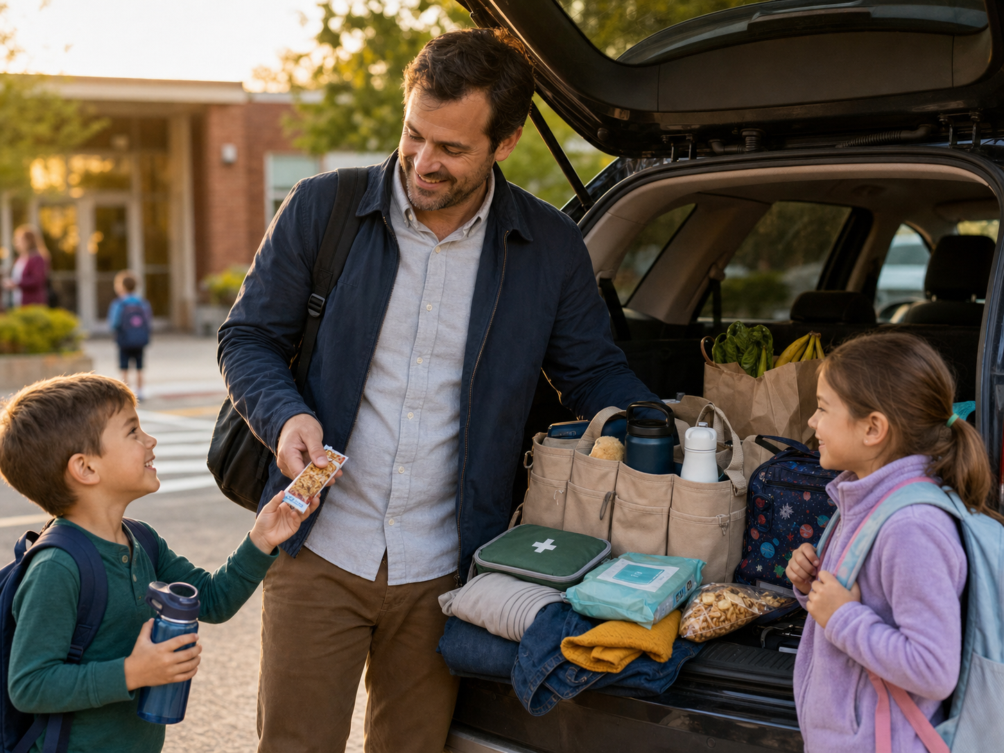 Prepared dad at pickup with snacks, water, clothes, wipes, and kid essentials ready in the car