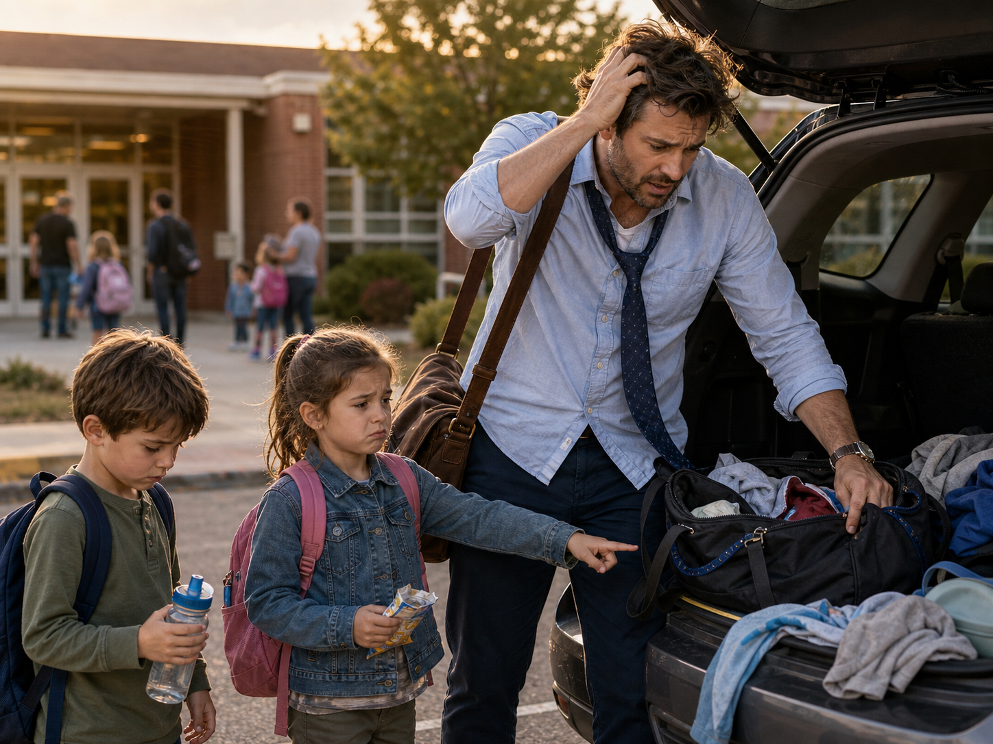 Stressed dad at pickup looking for items he forgot while his kids ask for snacks and water