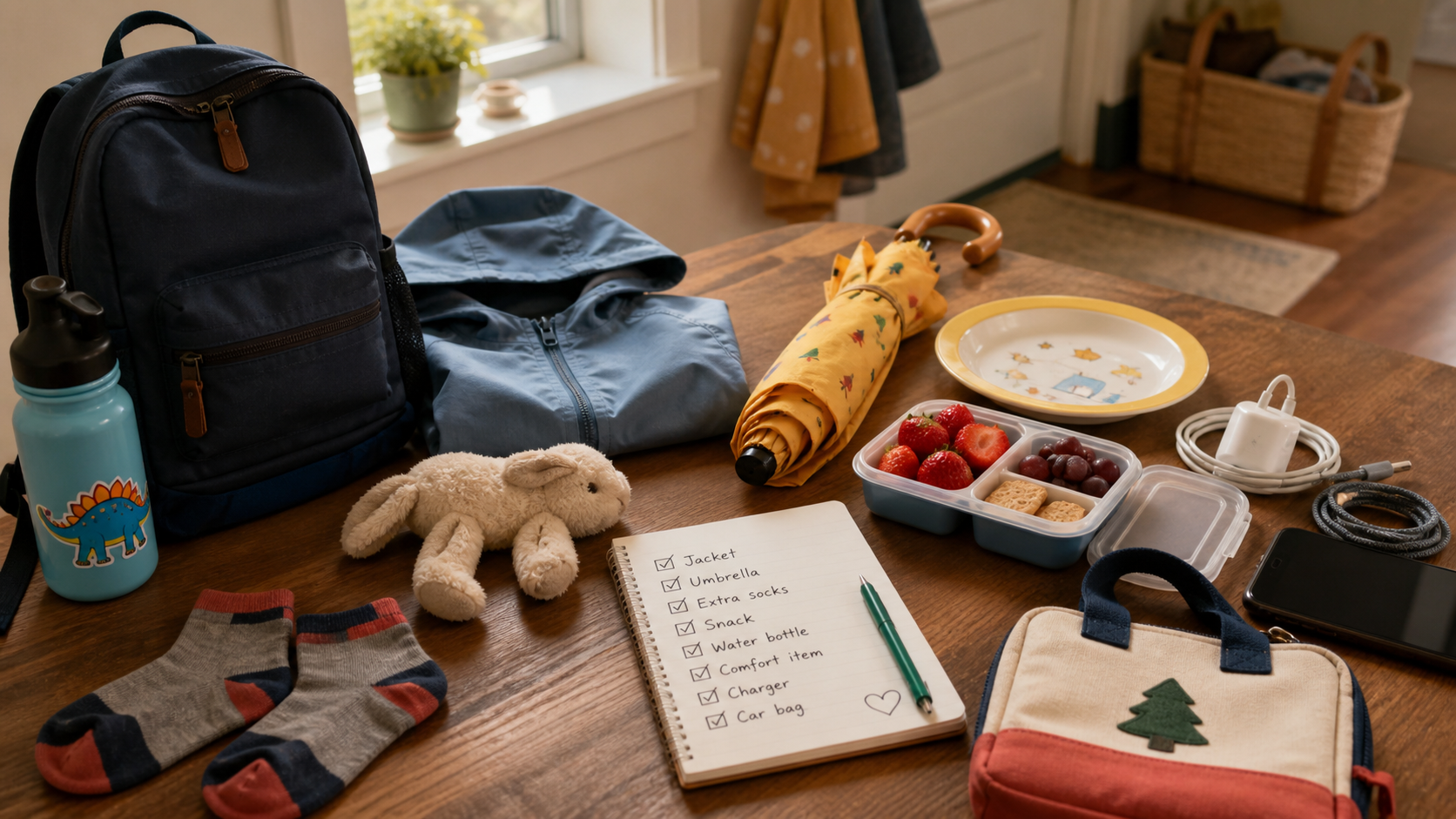 Prepared kid-time items on a table including rain gear, socks, snacks, comfort item, chargers, and checklist