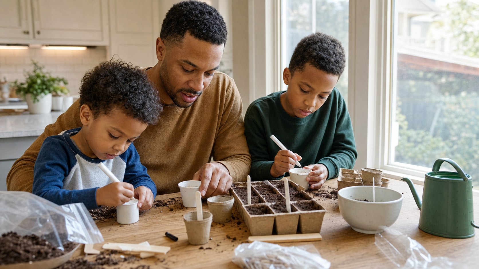 Parent and children making a small planting activity together at a kitchen table