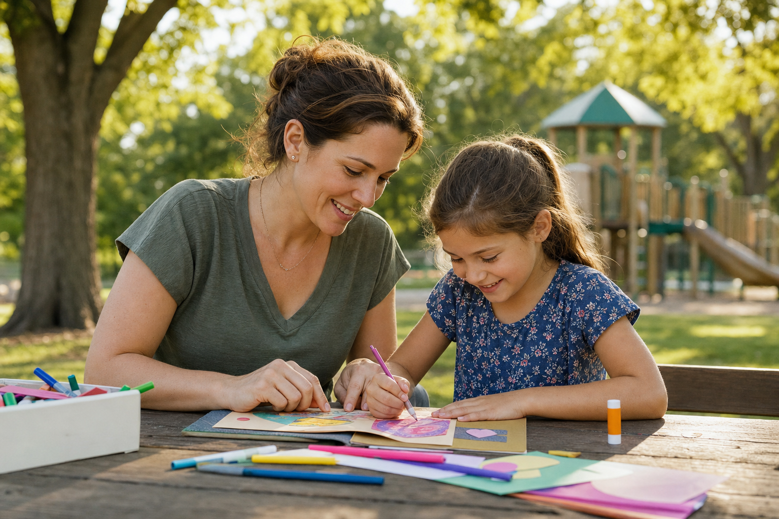 Parent and child making a craft together at an outdoor picnic table