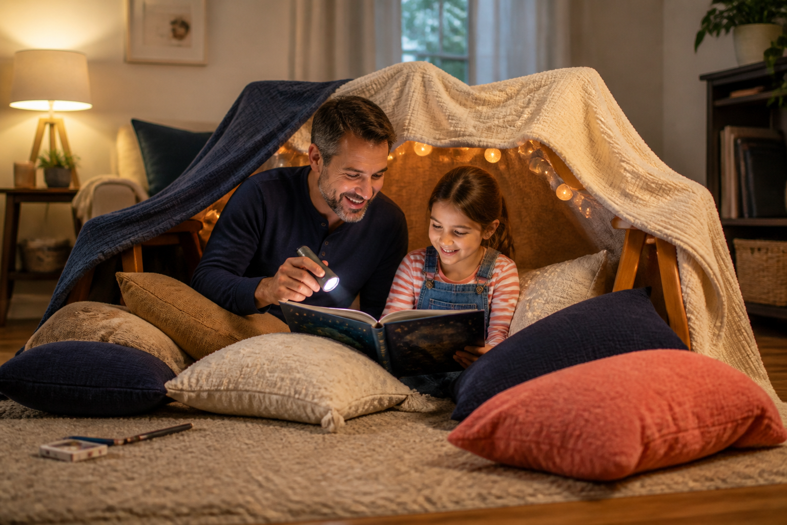 Dad and daughter reading together inside a cozy blanket fort after the prep is handled