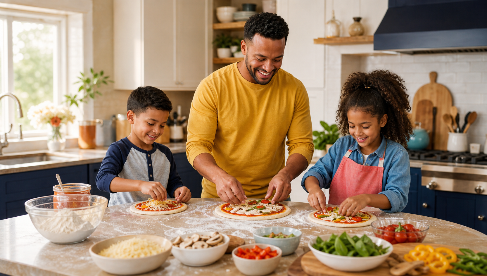 Dad and two children making homemade pizzas together after the prep is handled