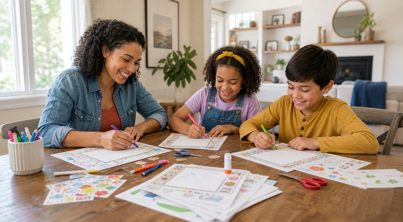 Parent and two children coloring scrapbook pages together after the planning is handled