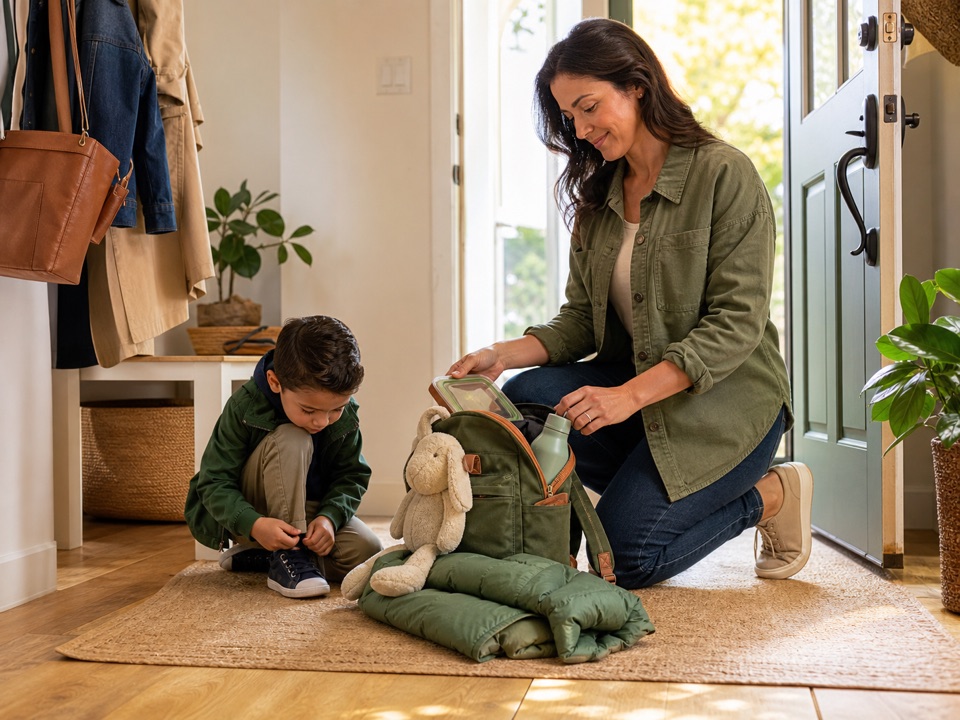 Packed bag and practical parenting-time supplies