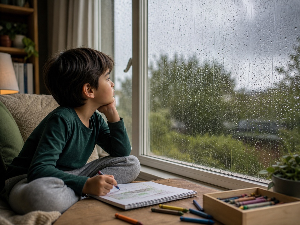 Rainy window activity setup for a parent and child