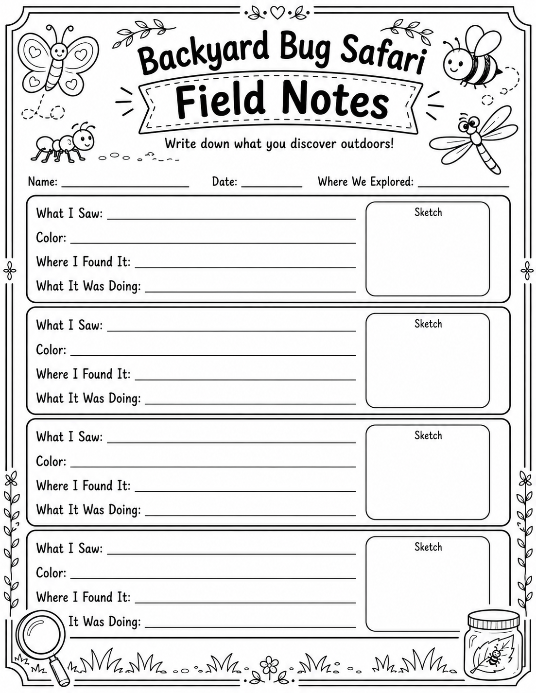 Backyard Bug Safari field notes page color-in version preview