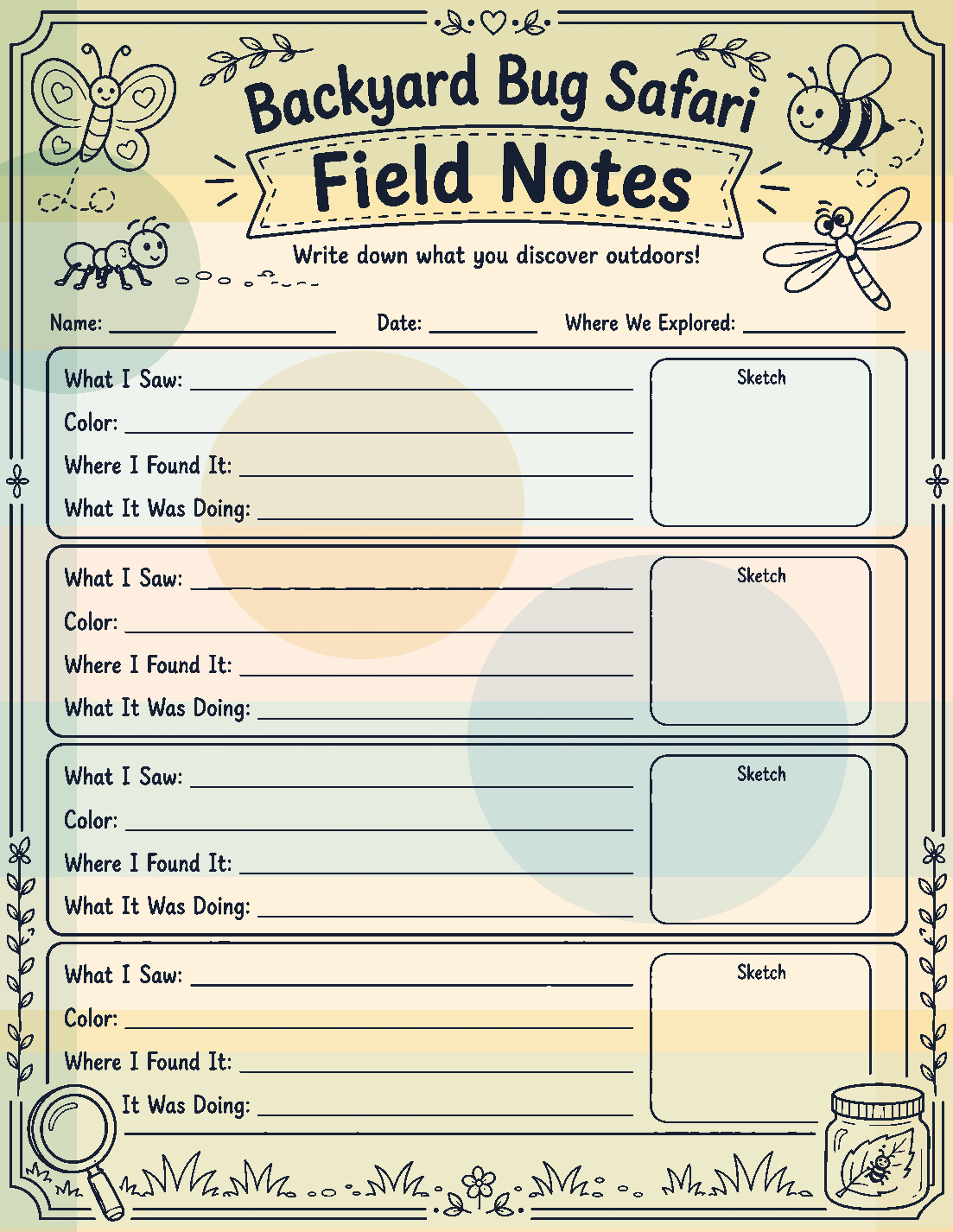 Backyard Bug Safari field notes page color version preview