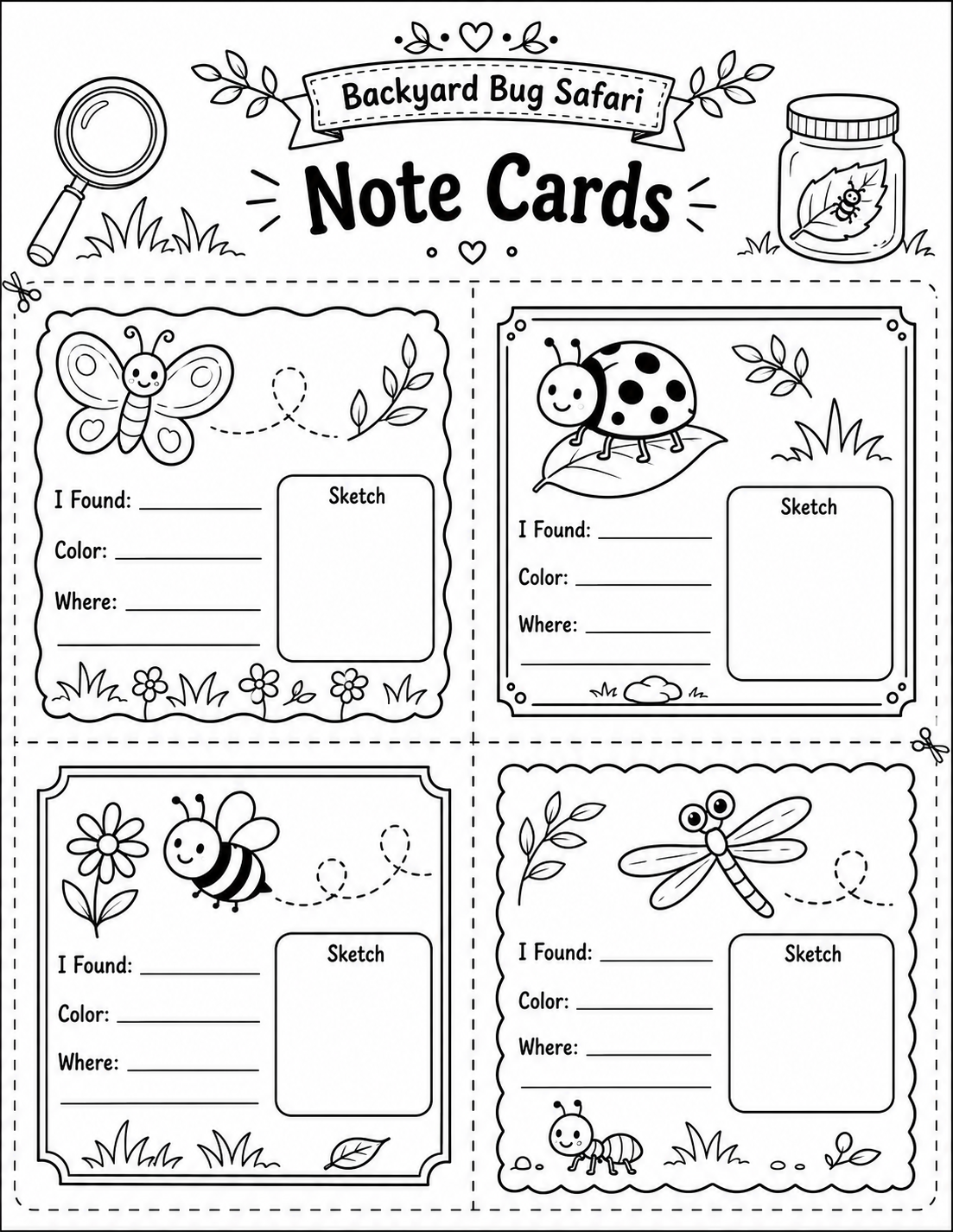 Backyard Bug Safari note cards page color-in version preview