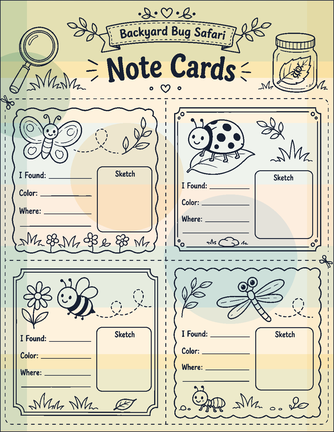 Backyard Bug Safari note cards page color version preview