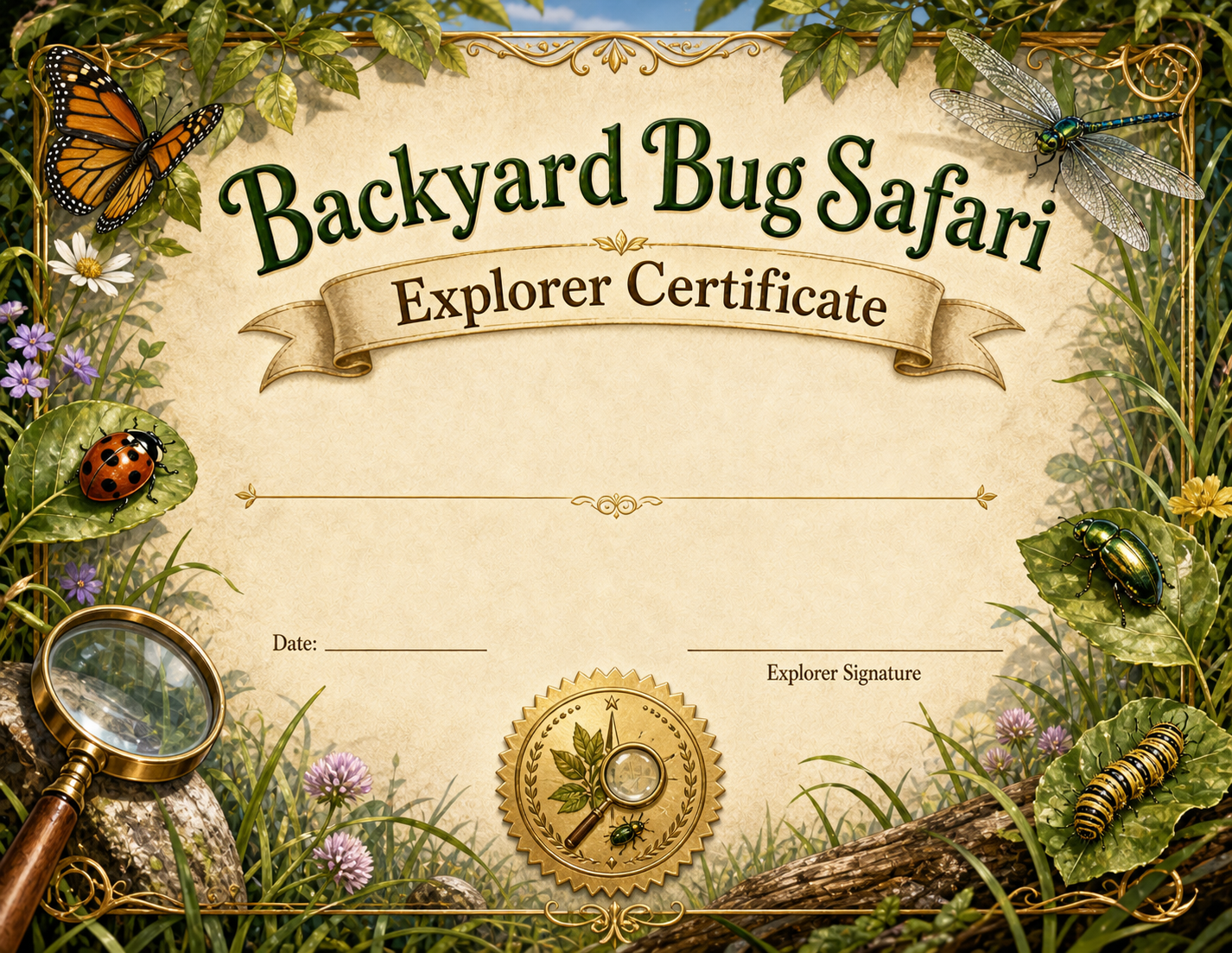 Detailed Backyard Bug Safari explorer certificate preview with leaves, bugs, a magnifying glass, and outdoor explorer details